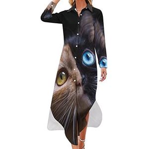 Gele en blauwe ogen van de kat dames maxi-jurk lange mouwen knopen overhemd jurk casual feest lange jurken XL