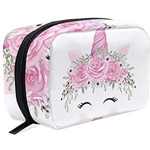 AJINGA Eenhoorn kroon glimlach bloem roze oranje cosmetische tas rits toilettas dames vierkante make-up borstels tas