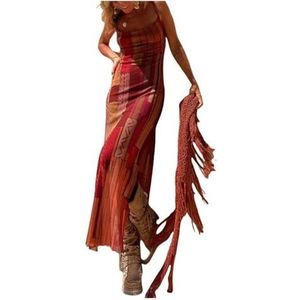 Dames bloemenjurken Boheemse sexy mouwloze bedrukte stretch maxi rok split slip mesh jurk dames(Color:Red,Size:XL)