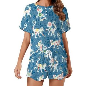 Aap Tuin Bloemen Zachte Womens Pyjama Korte Mouw Pyjama Loungewear met Zakken Gift voor Thuis Strand 2XL