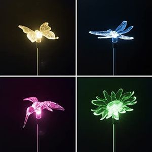 Set van 4 LED zonne-tuinstekkers - zonne-stekker met kleurverandering (vlinder, libel, bloem, kolibri) zonne-lamp decoratieve lamp zonne-figuur