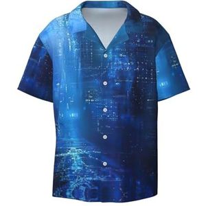 OdDdot The Blue Binary Print Heren Overhemden Atletisch Slim Fit Korte Mouw Casual Business Button Down Shirt, Zwart, 4XL