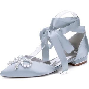 KYEGLO Gesloten Teen Satijnen Platte Schoenen Voor Dames, Strass Steentjes Slip-On Sandalen, Puntige Teen Bruidsschoenen Met Parelstrik Voor Dagelijks Gebruik, Feestjes En Bruiloften,Zilver,36