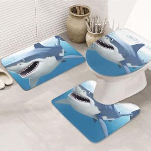 VTCTOASY Witte Haaienprint Badkamer Tapijten Sets 3-delig Absorberend Toilet Deksel Cover Antislip U-vormige Contour Mat voor Toilet Badkamer
