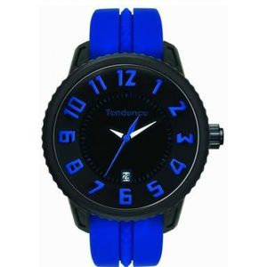 Tendence Gulliver Medium - Funky Unisex Quartz horloge met zwarte wijzerplaat analoog display en blauwe kunststof of PU band T0930023, Zwart/Blauw, Riem