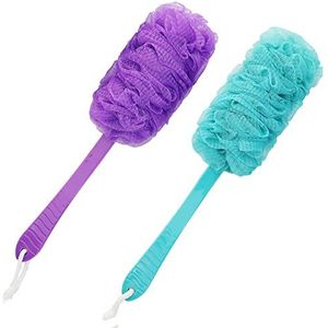 Backschrobborstel lange handgreep voor douche, Loofah op een stok spons rugborstel, Body Exfoliator Scrubber badborstel voor mannen vrouwen, exfoliërende reinigingsbackscrubber voor ouderen (2 pak-groen+paars)