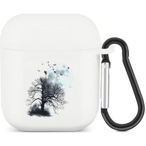 Volle Maan Flock Of Birds Tree Leuke Case voor AirPods 2&1 Schokbestendige Beschermende Hoofdtelefoon Gevallen Cover Met Sleutelhanger Voor Mannen Vrouwen