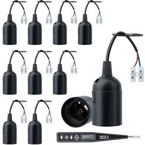 10 stuks E27-fitting, lamphouder, E27, renovatiefitting, renovatiefitting met spanning VDE/fasetester bouwplaatsfitting, E27 lampfitting met kabel (zwart)