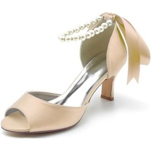 Dames Satijnen Peep Toe Sandalen met Hak Parels Enkelband Trouwschoenen voor Bruid Avondfeestjurk Pumps,Champagne,36 EU