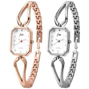 JewelryWe Analoog kwartshorloge voor dames, armband met gesimuleerde diamantband, afneembare armband, zilver, roze, Rechthoekige set van 2 stuks