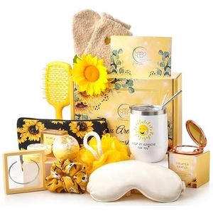 Piruon ""You Are My Sunshine"" Ontspannende Spa Kit Gift Set voor Vrouwen; Zonnebloem Decor Geschenkdoos voor Haar Zelfverzorging; Verjaardagscadeau Mand voor Vrouwen, Mam, Zus, Vrouw; Badset, Kaars,