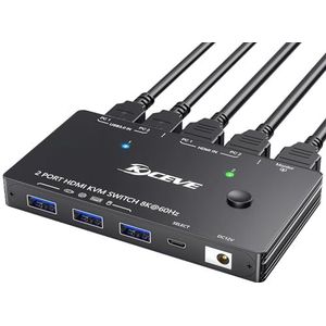 YOUTINGHDAV KVM Switch 2 PC 1 Monitor 8K @60Hz 4K @120Hz, USB 3.0 KVM Switch HDMI 2.1 HDCP 2.3 voor 2 computers delen toetsenbord muis, met bedrade afstandsbediening