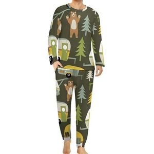 Bears Forest Camping Cars Comfortabele heren pyjama set ronde hals lange mouwen loungewear met zakken 4XL