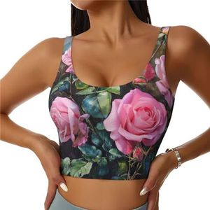 Roze Verse Rozen Print Casual Wear Vrouwen Sport Vest Yoga Vest Workout Vest Voor Vrouwen Lichtgewicht Trendy, Zwart, S