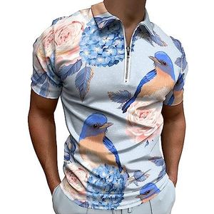 Vintage bloemen en vogels poloshirt voor mannen casual rits kraag T-shirts golf tops slim fit