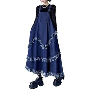 QOUERUUE Damesmode Losse Denim Overalljurk Mouwloos Verstelbare Band Gerafeld Kwastje Casual Maxi-Jeansjurk,Blauw,One Size