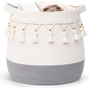 La Jolíe Muse katoenen wasmand - Grote geweven touw opbergmand met handvat en kwastje voor babykamer speelgoed opbergmand decoratie cadeau, Wit H38 x W44 CM