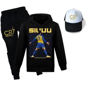 VELpen CR7Novelty Hooded Outfit Volledige Rits Lichtgewicht Trainingspak, Kids Ronaldo Jas en Jogger Broek 3Pcs Set,zwart,170