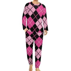 Zwart en roze Argyle comfortabele herenpyjama set ronde hals lange mouwen loungewear met zakken XL