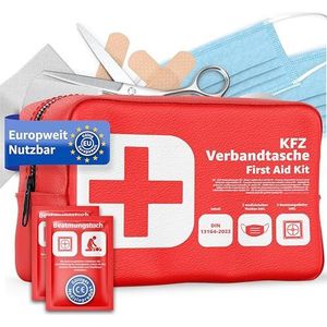 Verbandtas, voor de auto, norm 2026 met beademingsdoeken, verbanddoos voor de auto, DIN13164:2022, eerstehulpset, verbanddoos, conform het Duitse verkeersreglement (rood)
