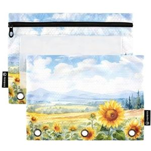 Mooie zonnebloem verf potlood etui voor 3 ringmappen, rits binder potlood etui met doorzichtig venster voor kantoor 2 Pack, Meerkleurig, one sizex2, Etui