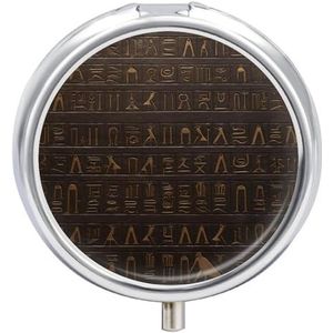 Ronde Draagbare Pillendispenser Prachtig Oude Egyptische Hiërogliefen Gedrukt Reismedicatie Organizer 3 Compartiment Geneeskunde Opbergdoos met Spiegel