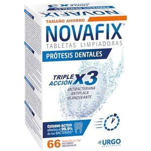 Novafix - Drievoudige werkingstabletten - voor tandprothesen en orthodontische apparaten - box met 66 stuks (spaarformaat)