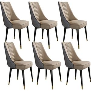 GEIRONV Eetkamerstoelen set van 6, moderne midden van de eeuw woonkamer zijstoelen keukenstoelen met supervezel lederen rugleuning met metalen poten Eetstoelen ( Color : Khaki+dark Grey , Size : 88*45