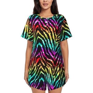 Kleurrijke Regenboog Zebra Print Vrouwen Zomer Zachte Tweedelige Bijpassende Outfits Korte Mouw Pyjama Lounge Pyjama Sets, Zwart, 4XL