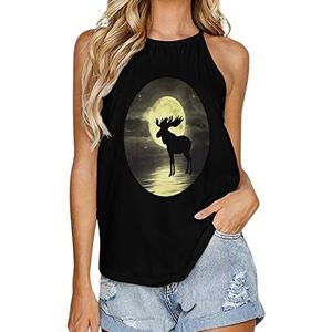 Moose Night Tanktop voor dames, zomer, mouwloos, T-shirts, halter, casual vest, blouse, print, T-shirt, 2XL