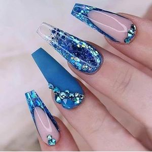 Coffin False Nails Blue Long Fake Nails Sequin Crystal Press on Nails French Ballerina Acrylic Stick on Nails 24pcs for Women and Girls