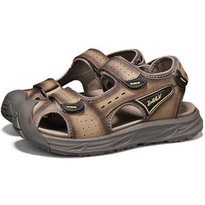 Mode mannen handgemaakte wandelsandalen, grote maat echt leer gesloten teen sandalen, outdoor ademende backpacken strandschoenen, Kaki, 40 EU