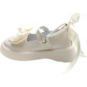 Fashion Sweet Pearls Bowknot Lolita Schoenen Vrouwen Hart Gesp Dikke Bottom Mary Jans Woman Pu Leather Platform Jk Schoenen Mujer, beige, 35 EU