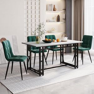 Aunvla 140 x 80 cm, zwart, eettafel met 4 stoelen, moderne keuken eettafel, donkergroen, fluweel, eetkamerstoelen, zwarte ijzeren beentafel