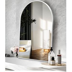 Gebogen wandspiegel, 40 x 60 cm wandspiegel met aluminium frame en boog top afgeronde hoek, badkamer ijdelheid spiegel, gebogen spiegel voor badkamer, slaapkamer, woonkamer (kleur: wit, maat: