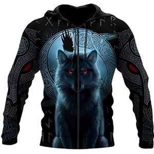Viking Wolf and Moon 3D bedrukte hoodie uniseks sweatshirt Streetwear Zip Pullover casual jas trainingspak, Zip Hoodies, M