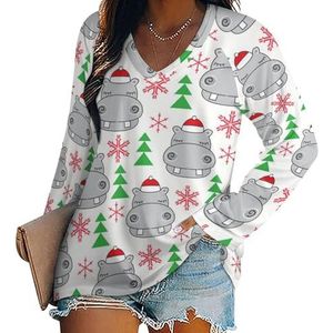 Kerstman nijlpaarden dames lange mouwen V-hals T-shirts herfst tops pullover tuniek T-shirt voor leggings