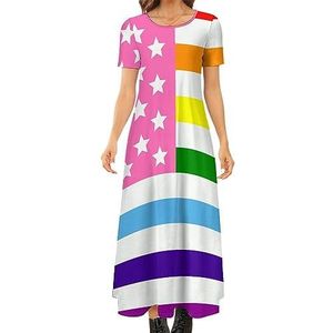 LGBT Gay Pride USA vlag dames zomer casual korte mouw maxi-jurk ronde hals bedrukte lange jurken 4XL
