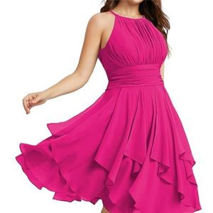 Halter Korte Bruidsmeisjesjurken A-lijn ruches geplooide zomer formele jurken met zakken voor vrouwen bruiloft, roze (hot pink), 56