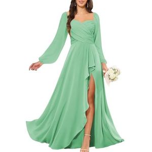 KURFACE Bruidsmeisjesjurken met lange mouwen en split voor dames, geplooid, chiffon, bruidsmeisje, vloerlengte, formele feestjurk, mintgroen, 34