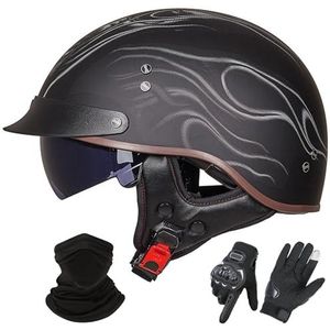 Vintage Motorhelm In Duitse Stijl, ECE 22.06 Goedgekeurd, Open Motorhelm, Retro Halve Helm met Zonneklep voor Volwassenen, Mannen en Vrouwen E-2,XL (59-60cm)