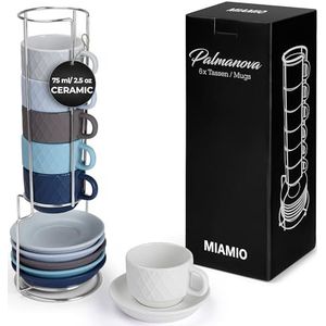 MIAMIO - 6 x 75 ml Espressokopjes/espressokopjes set met ruitpatroon keramiek - Palmanova collectie (Blauw)