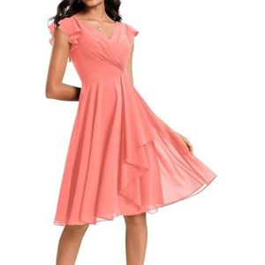 Korte bruidsmeisjesjurk voor dames, chiffon, V-hals, cocktailjurk, zakken, Koraal, 38