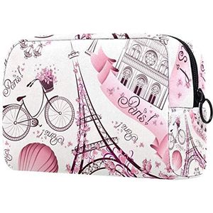 Toilettas met rits,Grote capaciteit herbruikbare make-up zakje cosmetische reistas met Parijs Eiffeltoren roze retro liefde fiets hete ballon voor tienermeisjes vrouwen