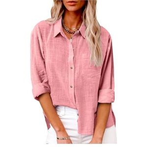 Dames katoenen linnen button-down overhemd 2024 lente casual effen kleur shirts met lange mouwen losse werktops met zakken(Color:Pink,Size:L)