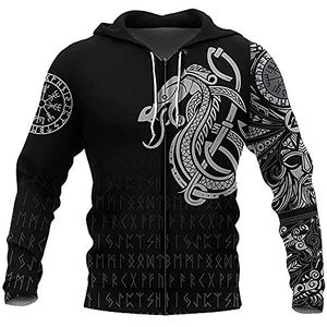 Mens Viking Celtic Dragon Tattoos Full Zip Hoodie Jas, Noorse Mythologie Odin Yggdrasil Totem Lange Mouw Sweatshirt, Vintage Losse Winter Hoodie Pullover