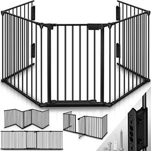 KIDUKU® Veiligheidshek metaal 300 cm | voor Huisdieren & Kinderen | Kachelhek, Veiligheidsrooster voor oven vouwbaar | Configuratierooster incl. 5 elementen, deur
