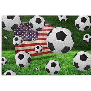 Voetbal USA Amerikaanse vlag puzzels voor volwassenen 1000 stuks,Interessante houten puzzels, stressverlichter legpuzzels met doos