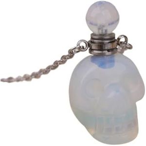 Gemstone Skull Head Perfume Bottle Pendant For Women Hand Carved Crystal Skull Figurine Essential Oil Necklace Gift (Color : Gold_Opal)