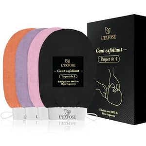 L'Exfose 4 x scrubhandschoen voor lichaam en gezicht, Kessa handschoen van natuurlijke viscose, verwijdert dode cellen, hydrateert de huid, spa-sensatie thuis, perfect cadeau voor Moederdag